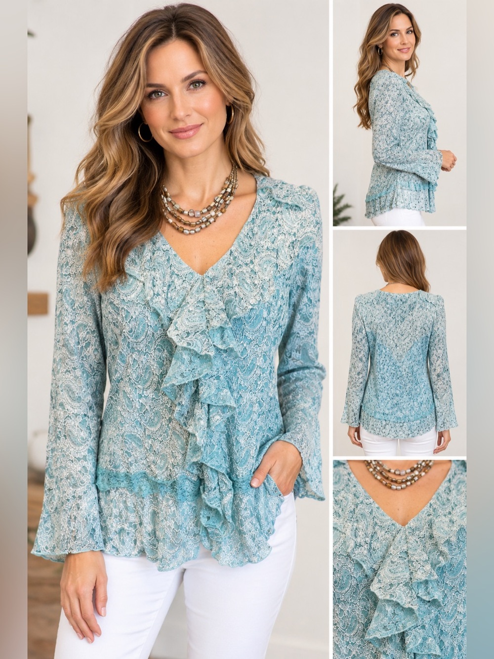 Nicole Blue & Gray Ruffle Top – NWT